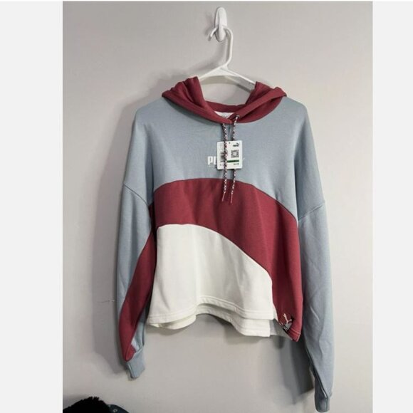 Puma Sweatshirt Women's L Colorblock Drawstring Hoodie Pullover Cropped - Picture 2 of 5